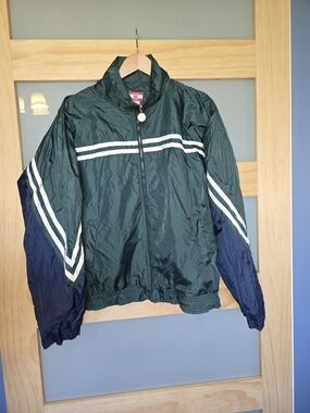 Athletic Works Green and Navy Windbreaker with White Stripe Accents